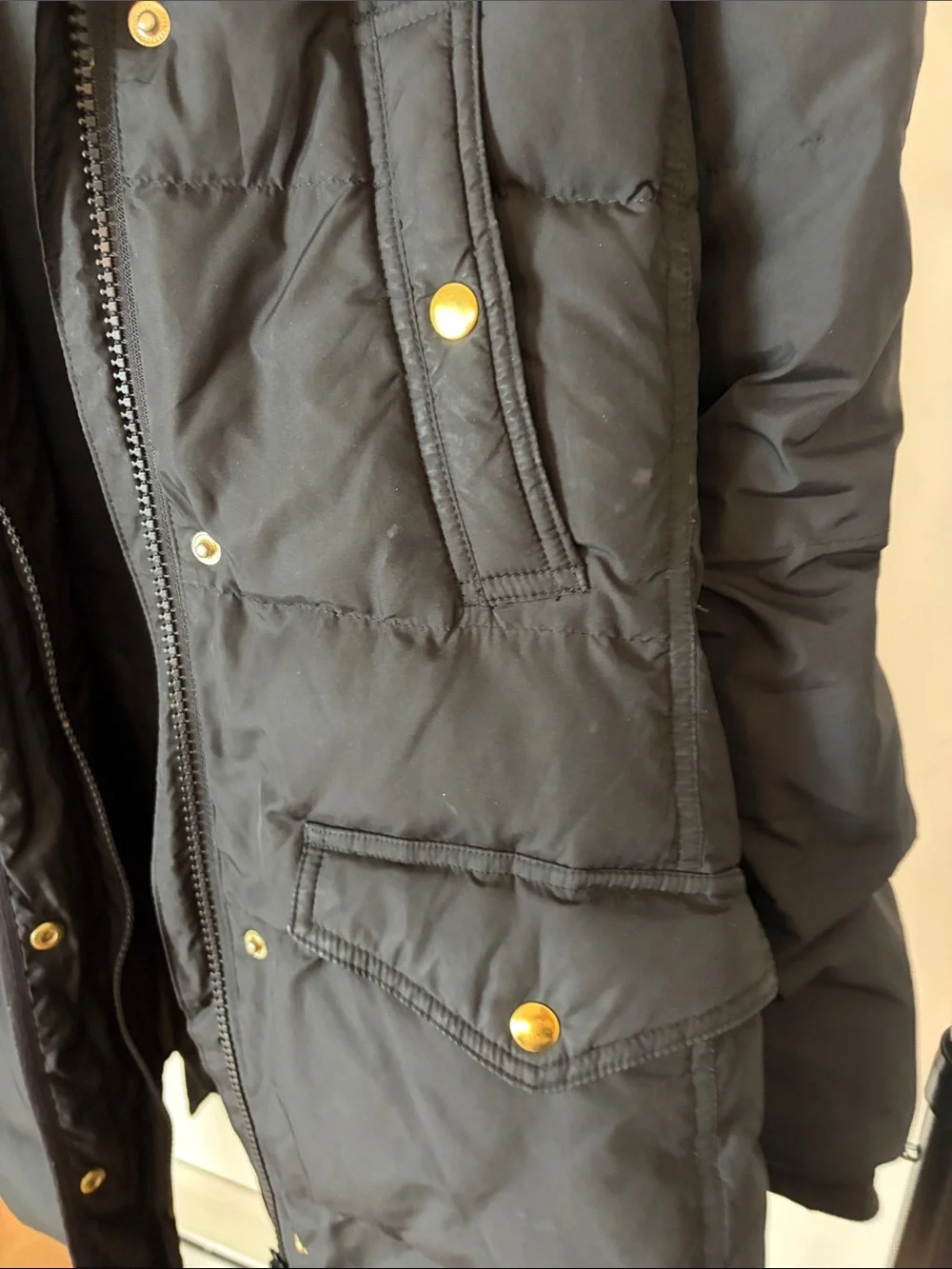J.Crew Black Quilted Belted Down Puffer Coat Gold-Tone Hardware Detachable Hood